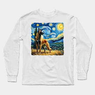 Starry Belgian Malinoi Dog Portrait - Pet Portrait Long Sleeve T-Shirt